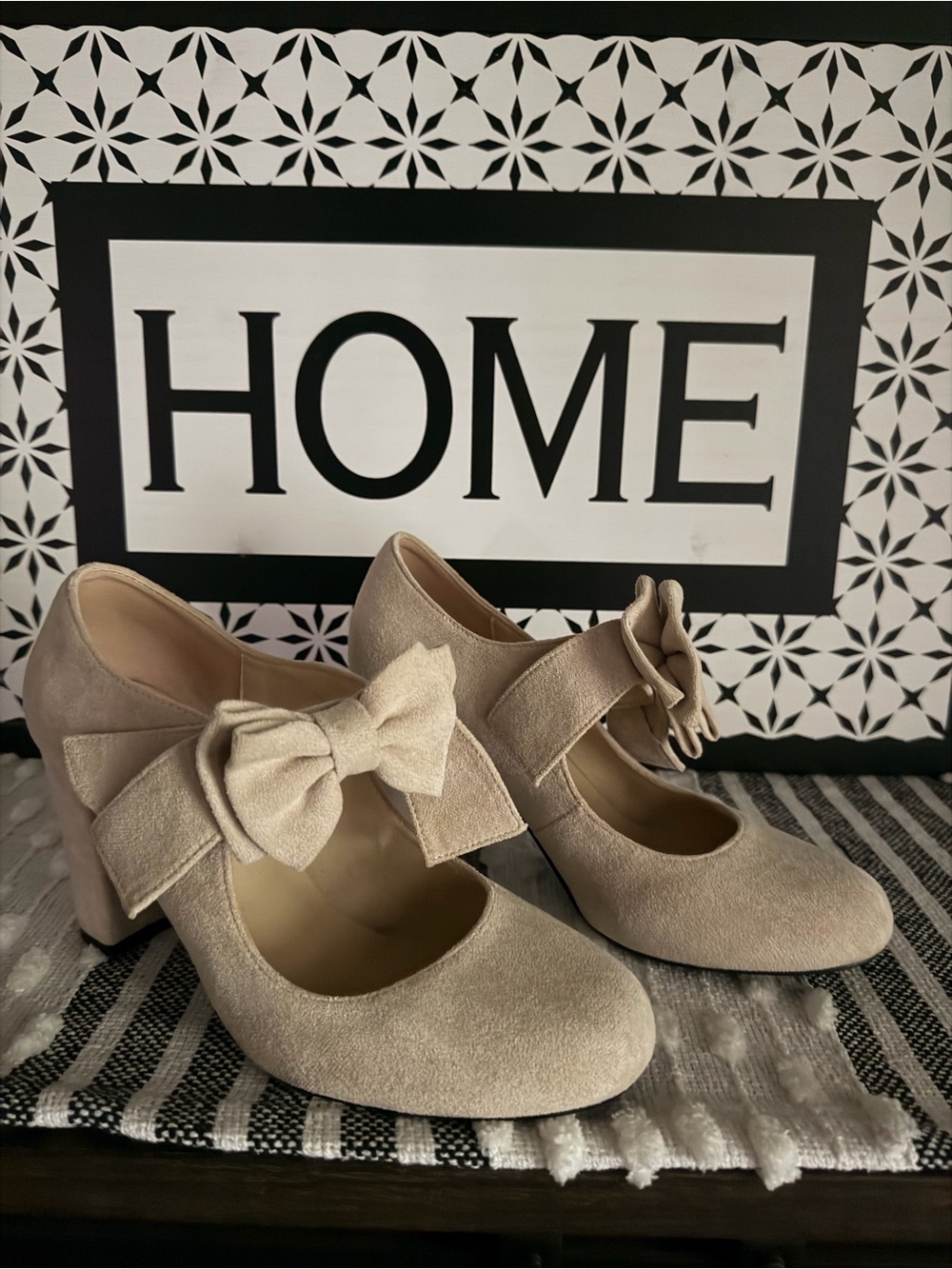 Suede-Look Taupe Bow Mary Jane Heels